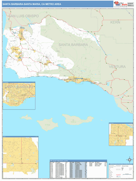 Santa Barbara-Santa Maria-Lompoc Metro Area Zip Code Wall Map